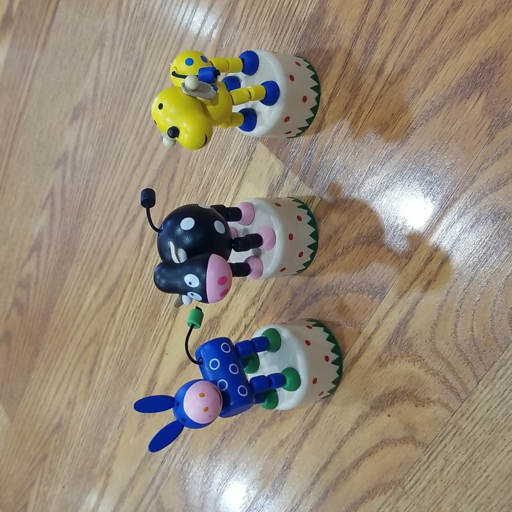 3 Wooden Animal push puppets